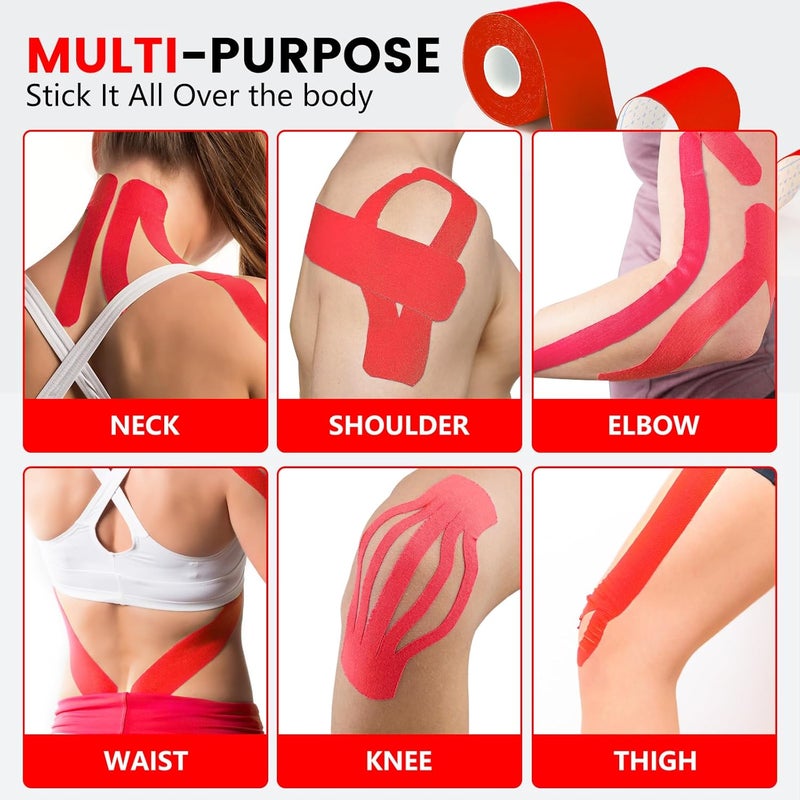 NUITPY 5 Rolls Kinesiology Tape, 2 inch x 16.4 Feet Waterproof Athletic Tape, Uncut Kinetic Tape, Muscle Tape, Sports Tape, Knee Tape for Exercise and Daily Use - Red - Image 4